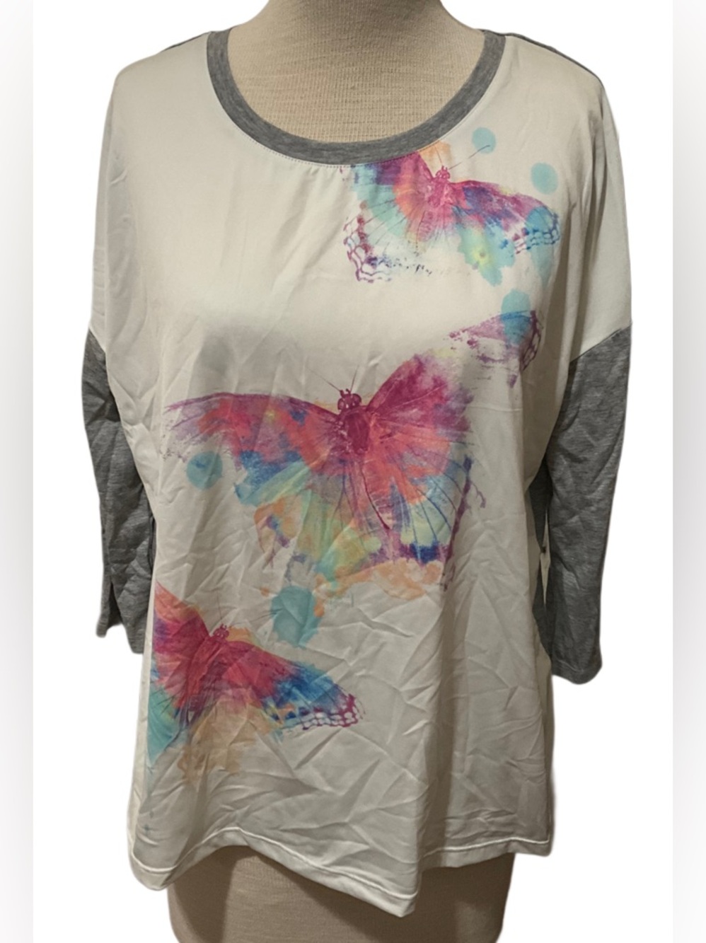 Joe Boxer Butterfly Graphic Top Women’s Size XL Colorful Print 3/4 Sleeve Blouse